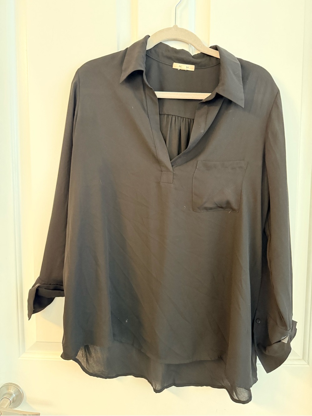 Pleione Charcoal Relaxed V-Neck Long Sleeve Blouse